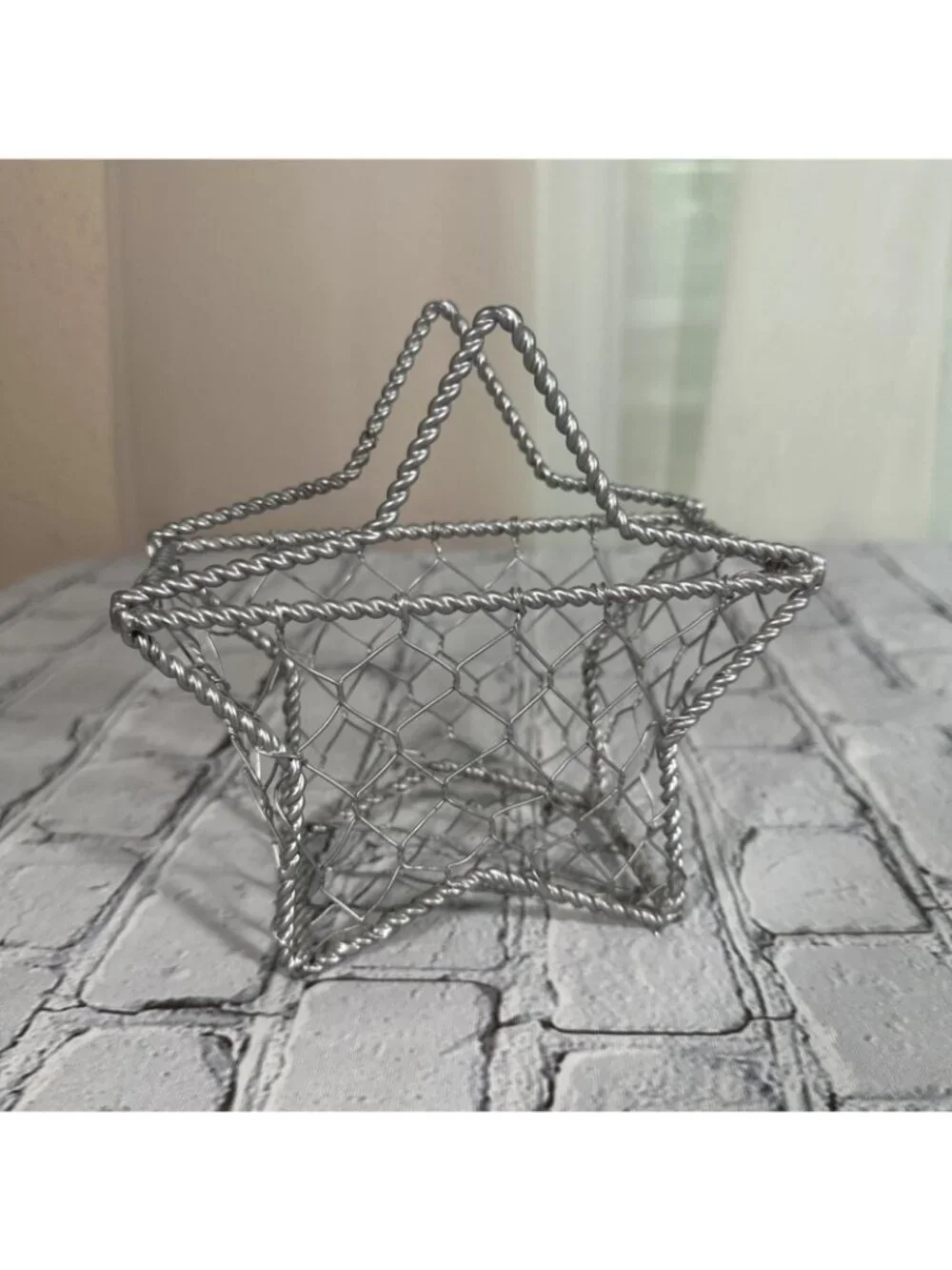 Silver Star-Shaped Wire Metal Decorative Basket Freestanding 6” X 6” X 2.5”